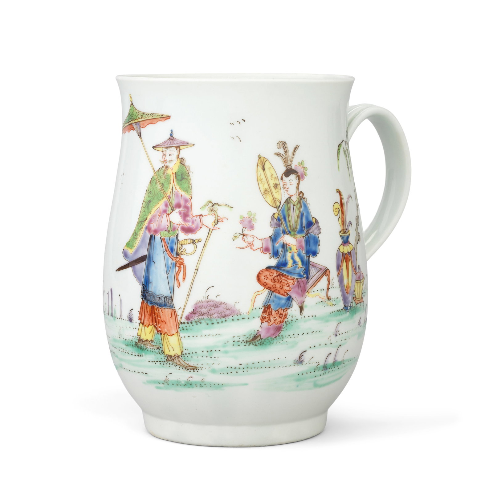 A large Worcester mug, circa 1755: A large Worcester mug, circa 1755 Of bell shape with a grooved strap handle, painted in vibrant colours with three Chinese figures, one holding a fan, the central figure with a parasol and walking