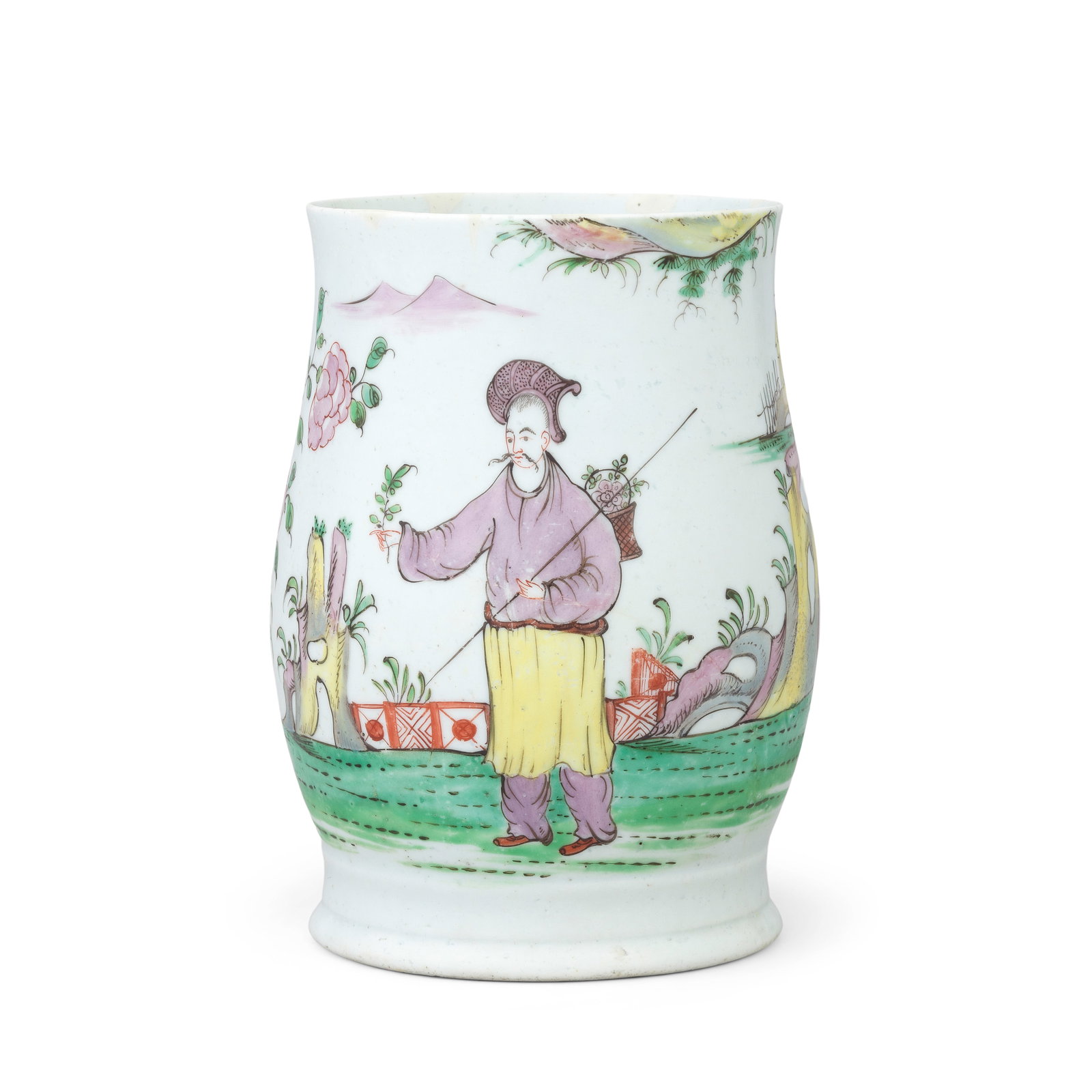An attractive Longton Hall mug, circa 1755-57: An attractive Longton Hall mug, circa 1755-57 Of barrel shape with a scotia foot, applied with a double scroll handle, finely painted in a bright palette with a moustachioed Chinese gentleman