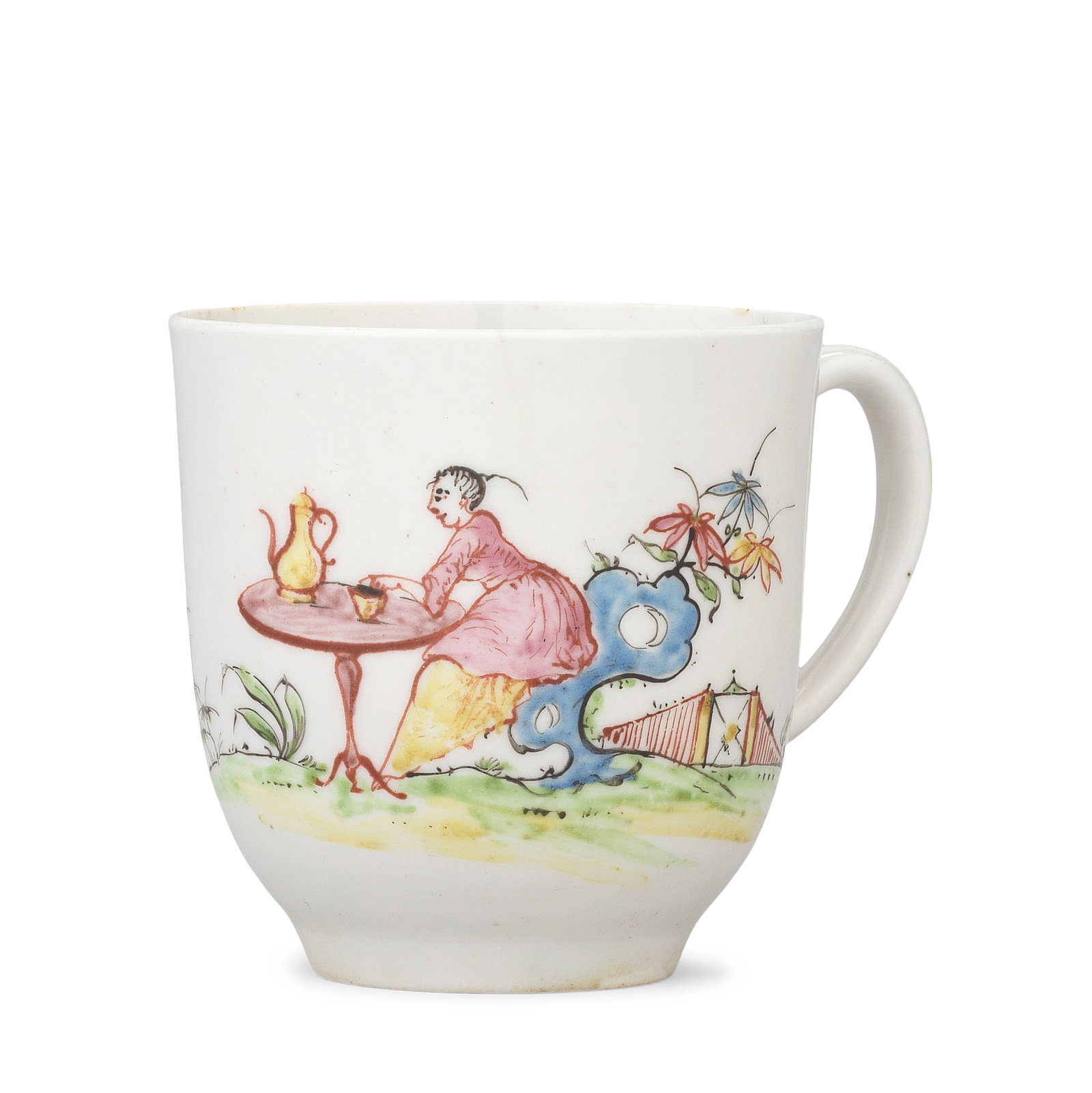 A Liverpool (Samuel Gilbody) coffee cup, circa 1758-60: A Liverpool (Samuel Gilbody) coffee cup, circa 1758-60 Of plain U-shape, painted in colours with a Chinese lady seated on rockwork before a tripod table laid with a coffee pot and a cup, a fence and