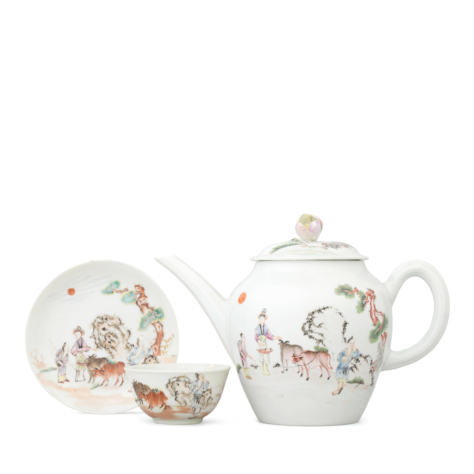 An interesting Worcester teapot and cover, circa 1760-65: An interesting Worcester teapot and cover, circa 1760-65 The shouldered form with a faceted spout and ribbed handle, the low cover with an open bud finial, delicately painted in colours with 'The