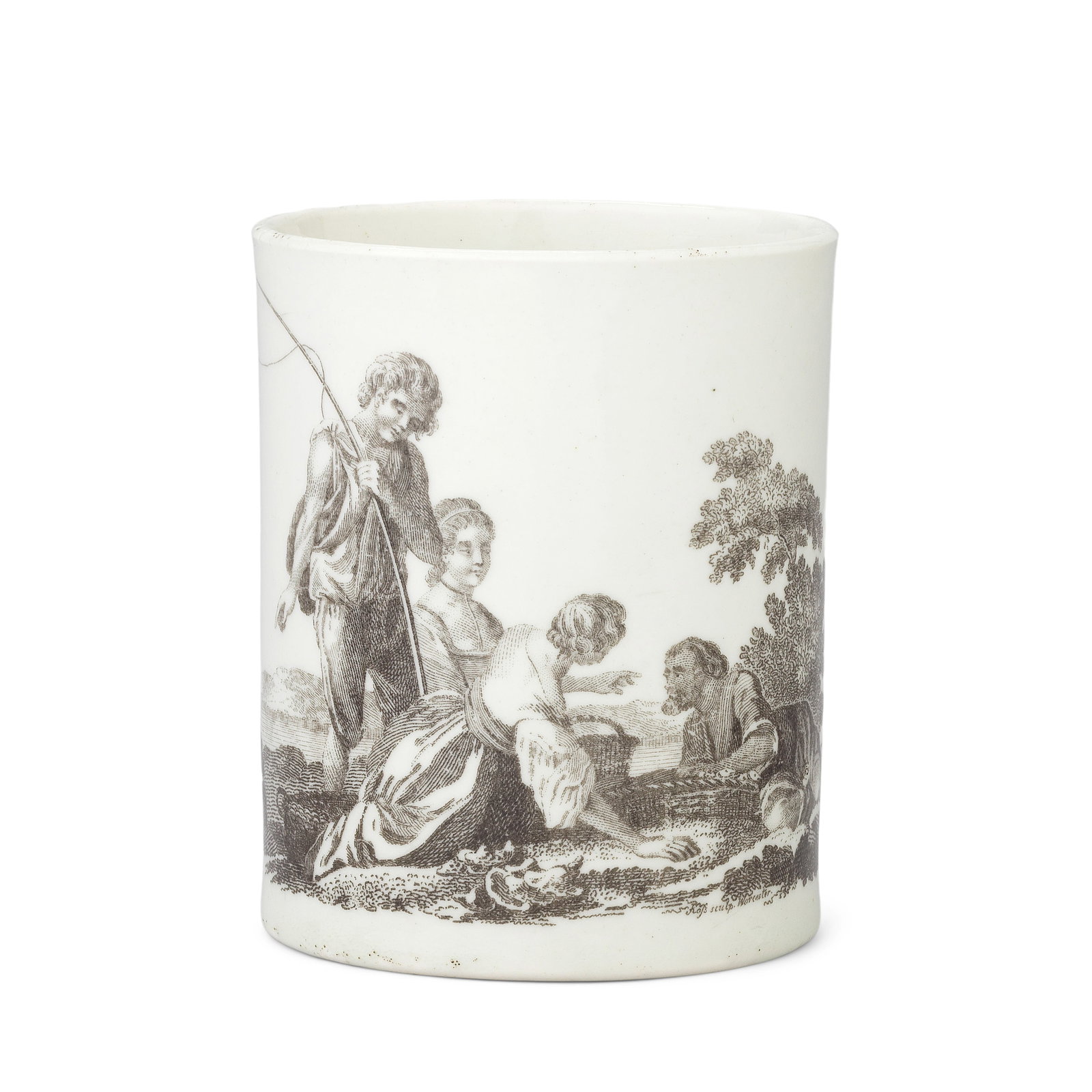 An important Worcester mug by James Ross, circa 1772-75: An important Worcester mug by James Ross, circa 1772-75 Of cylindrical form, printed in black with four figures relaxing on a riverbank, a couple in conversation, whilst a second lady and a man with