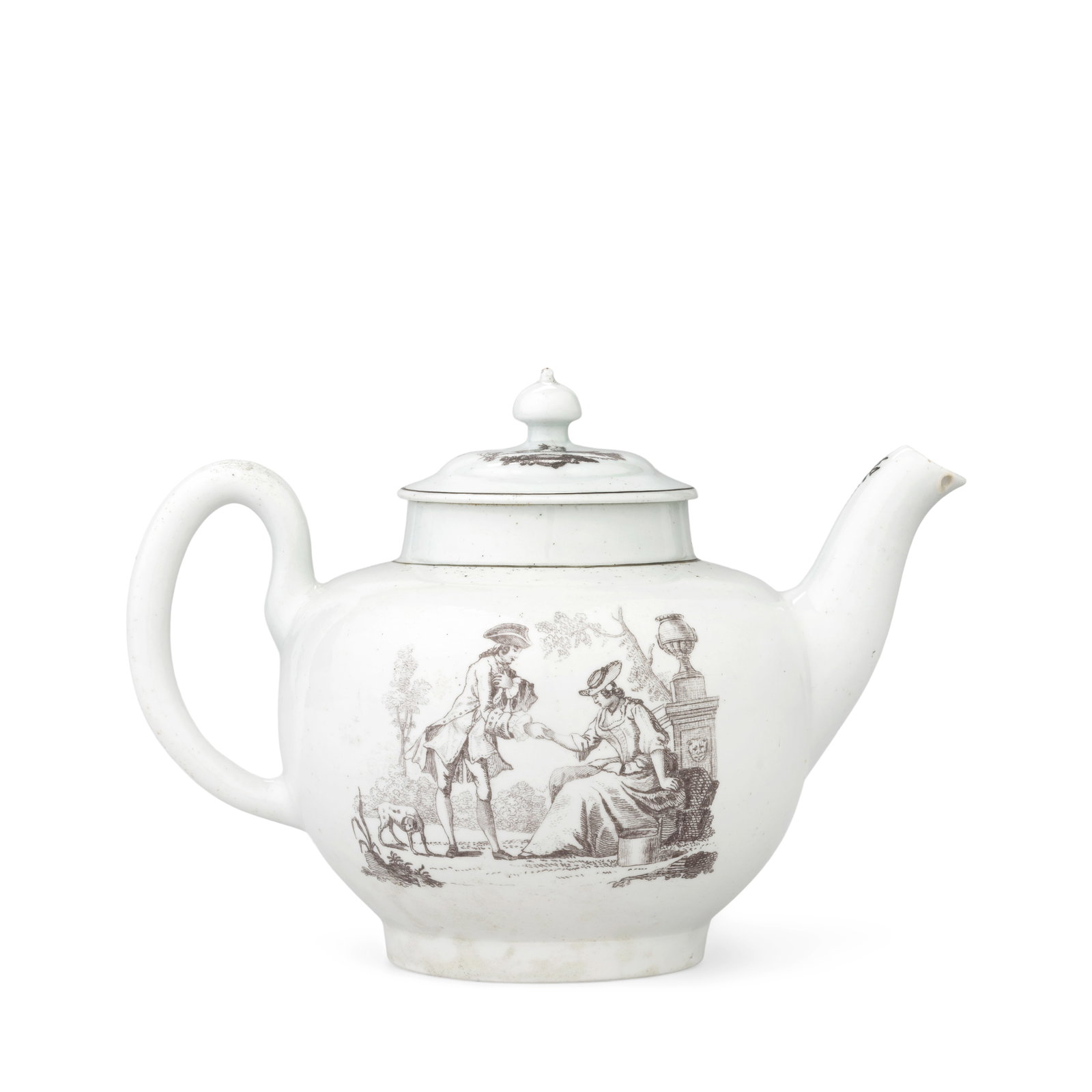 A Worcester teapot and cover, circa 1755-57: A Worcester teapot and cover, circa 1755-57 Of globular form, printed in black with 'Milkmaid at Gate' and 'Milkmaid and Gallant', the cover with small prints of a goat with sheep and a courting