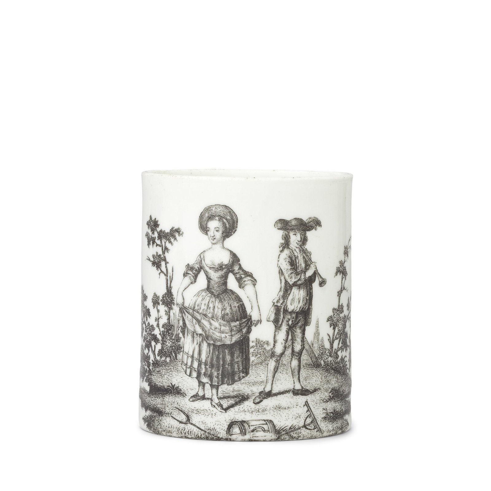 A charming Worcester mug, circa 1770: A charming Worcester mug, circa 1770 Of cylindrical form, probably printed in Liverpool in black with Nancy Dawson dancing the hornpipe, the piper playing whilst Nancy gathers her skirts to step in ti