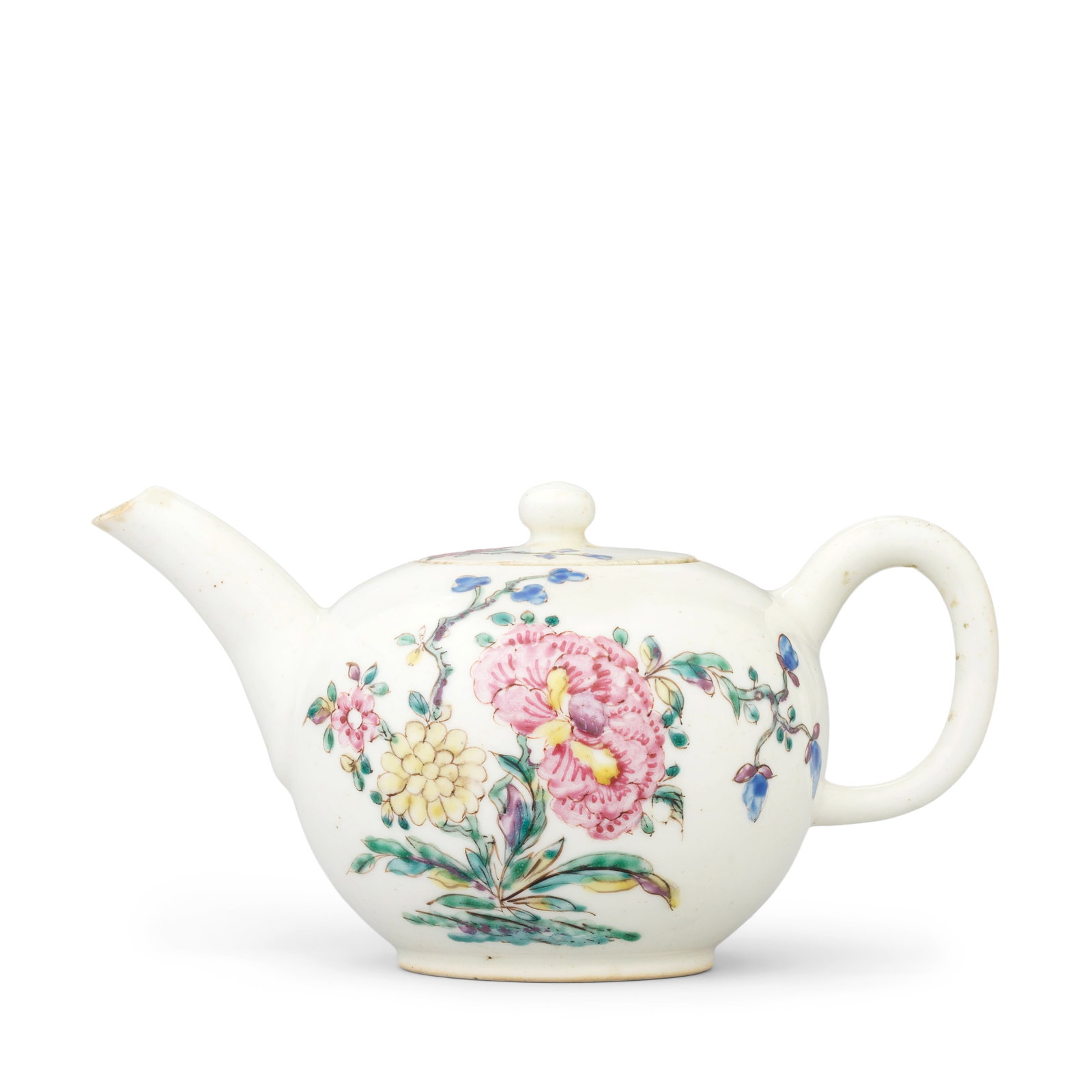 A Bow teapot and cover, circa 1752: A Bow teapot and cover, circa 1752 Of small size and slightly compressed globular form with a flush-fitting cover, painted in famille rose style with exuberant flowering peony plants, 8.8cm high (2) F