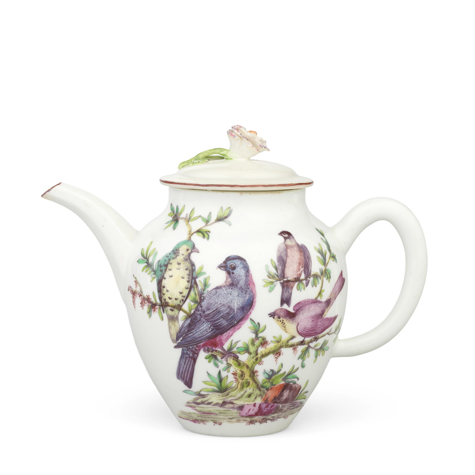 A rare Chelsea ornithological teapot and a cover, circa 1752-55: A rare Chelsea ornithological teapot and a cover, circa 1752-55 Of baluster shape with a faceted spout and loop handle, finely painted with four colourful birds perched among branches, rockwork on the