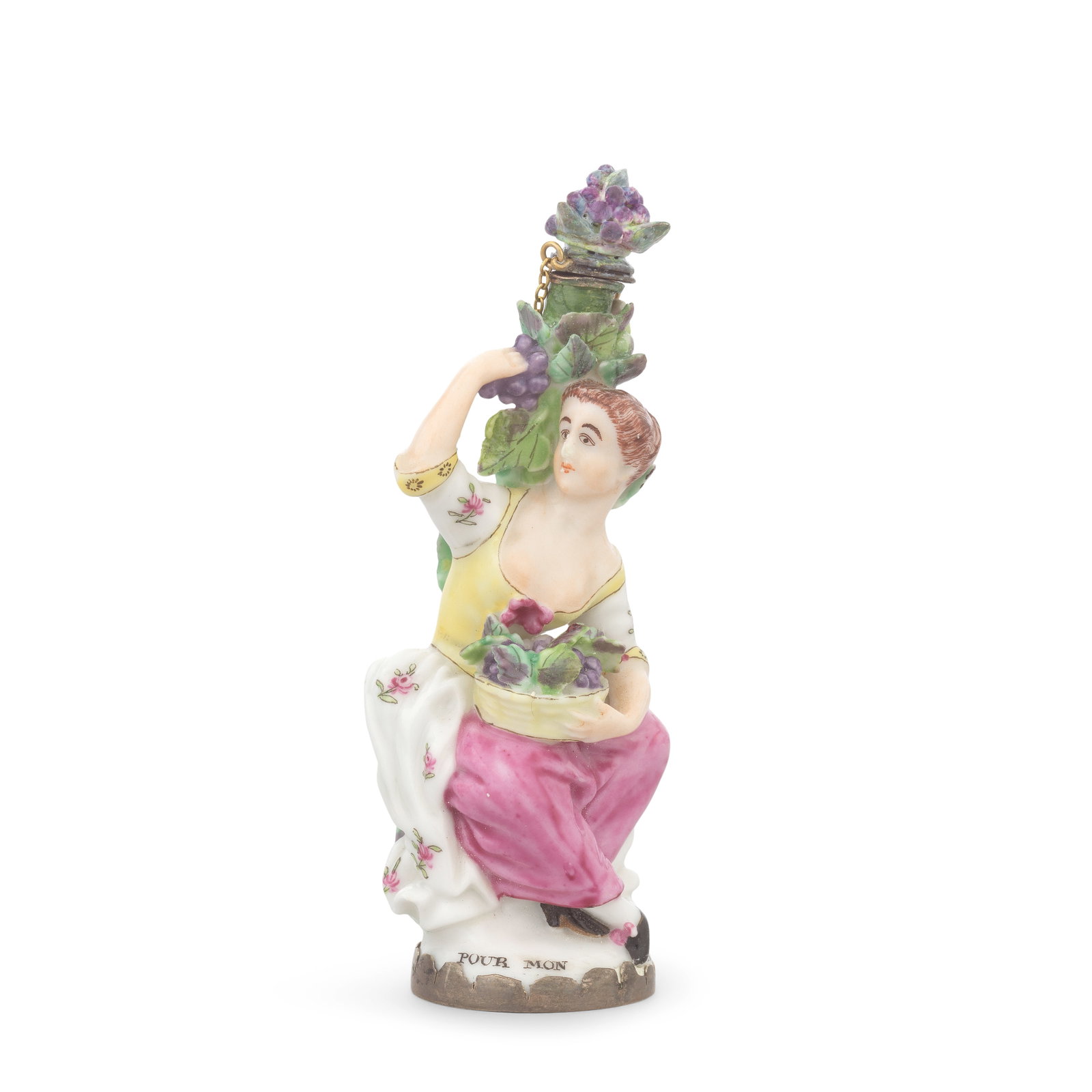 A St James's (Charles Gouyn) scent bottle and stopper, circa 1751-59: A St James's (Charles Gouyn) scent bottle and stopper, circa 1751-59 Modelled as a lady seated by a tall stalk of fruiting vine, one arm raised to pluck a bunch of grapes, a basket on her lap already 