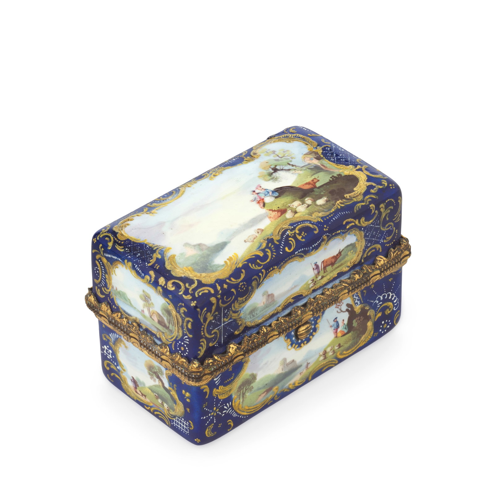 A South Staffordshire enamel writing box, circa 1760-70: A South Staffordshire enamel writing box, circa 1760-70 Of rectangular form, painted with figures in pastoral settings, including shepherds with their flock, the gilt scroll-edged panels reserved on a