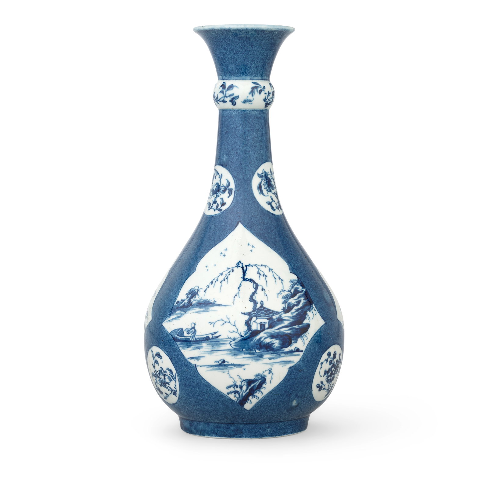 A Worcester guglet or water bottle, circa 1760-65: A Worcester guglet or water bottle, circa 1760-65 Of slender pear shape with a knop below the flared rim, painted in blue with the 'Arabesque Panel Landscapes' pattern (I.B.25), the fine powder-blue g