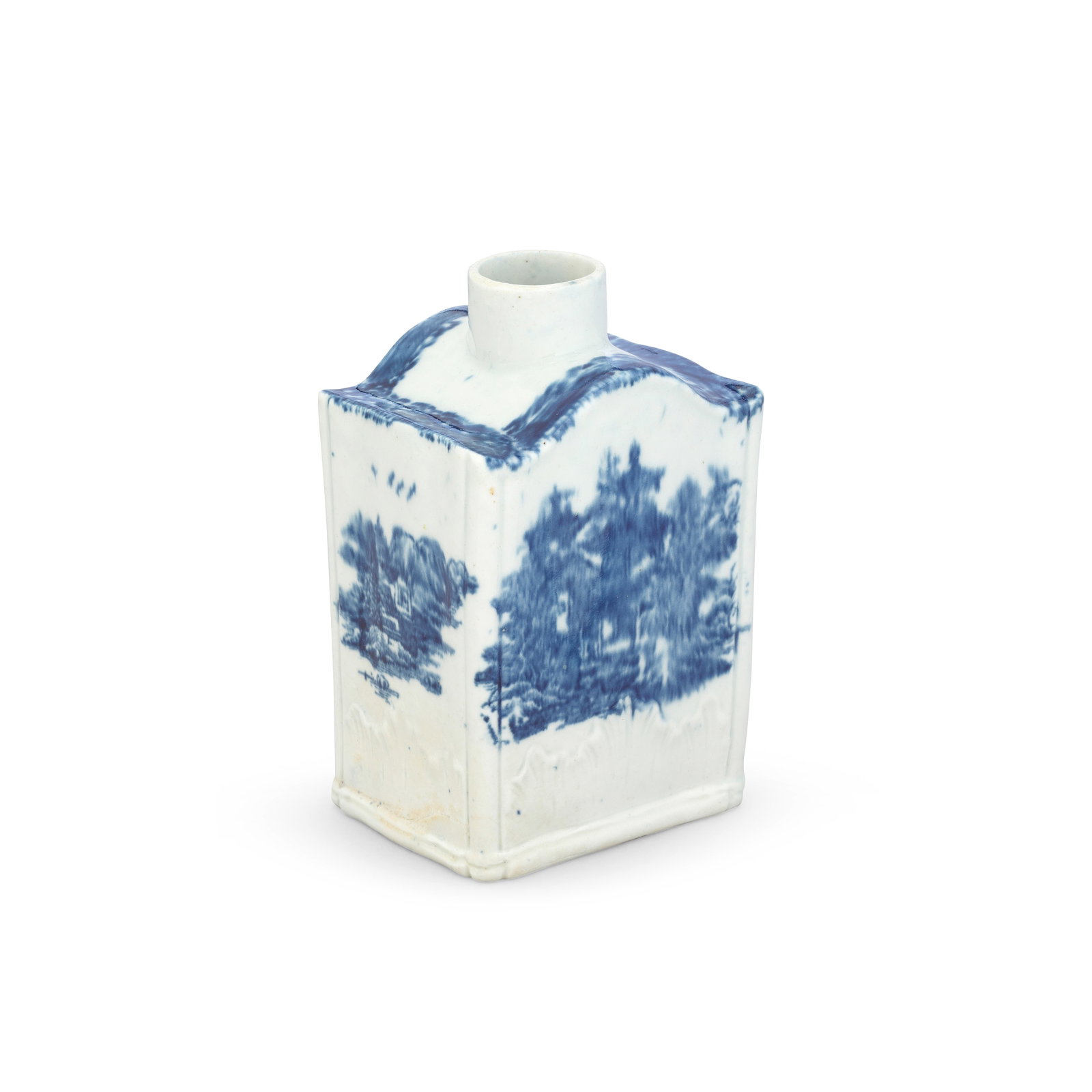 A very rare Baddeley-Littler tea canister, circa 1780-85: A very rare Baddeley-Littler tea canister, circa 1780-85 Of rectangular section with grooved edges and a serpentine top, with shell moulding above the base, printed in blue with Chinese landscapes, a 