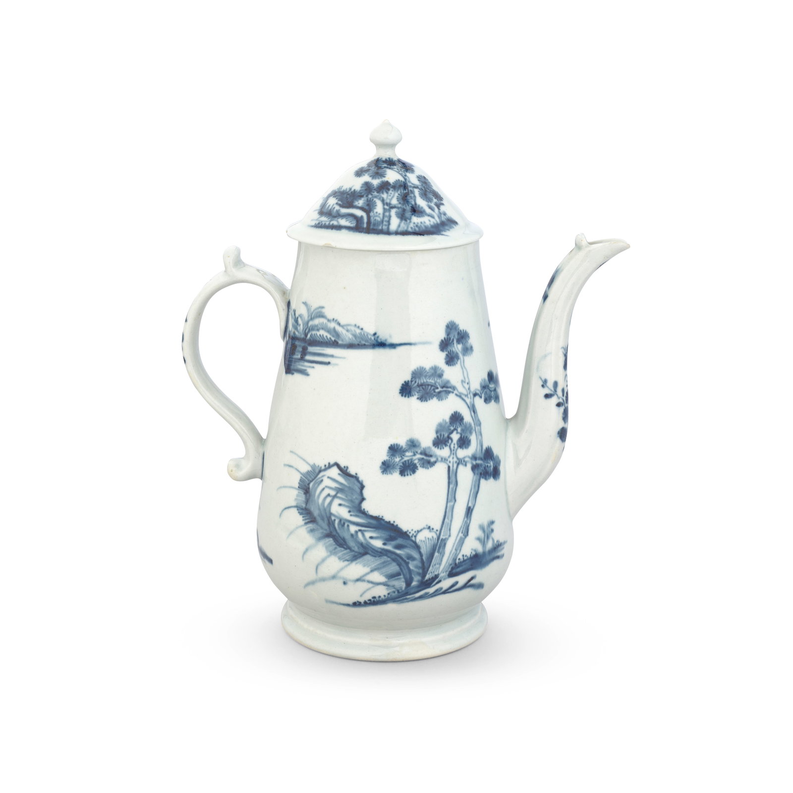 A Liverpool (William Reid) coffee pot and cover, circa 1756-58: A Liverpool (William Reid) coffee pot and cover, circa 1756-58 Of generous tapering form, with faceted spout, the scroll handle with a high thumbrest, the domed cover with a pointed finial, painted in