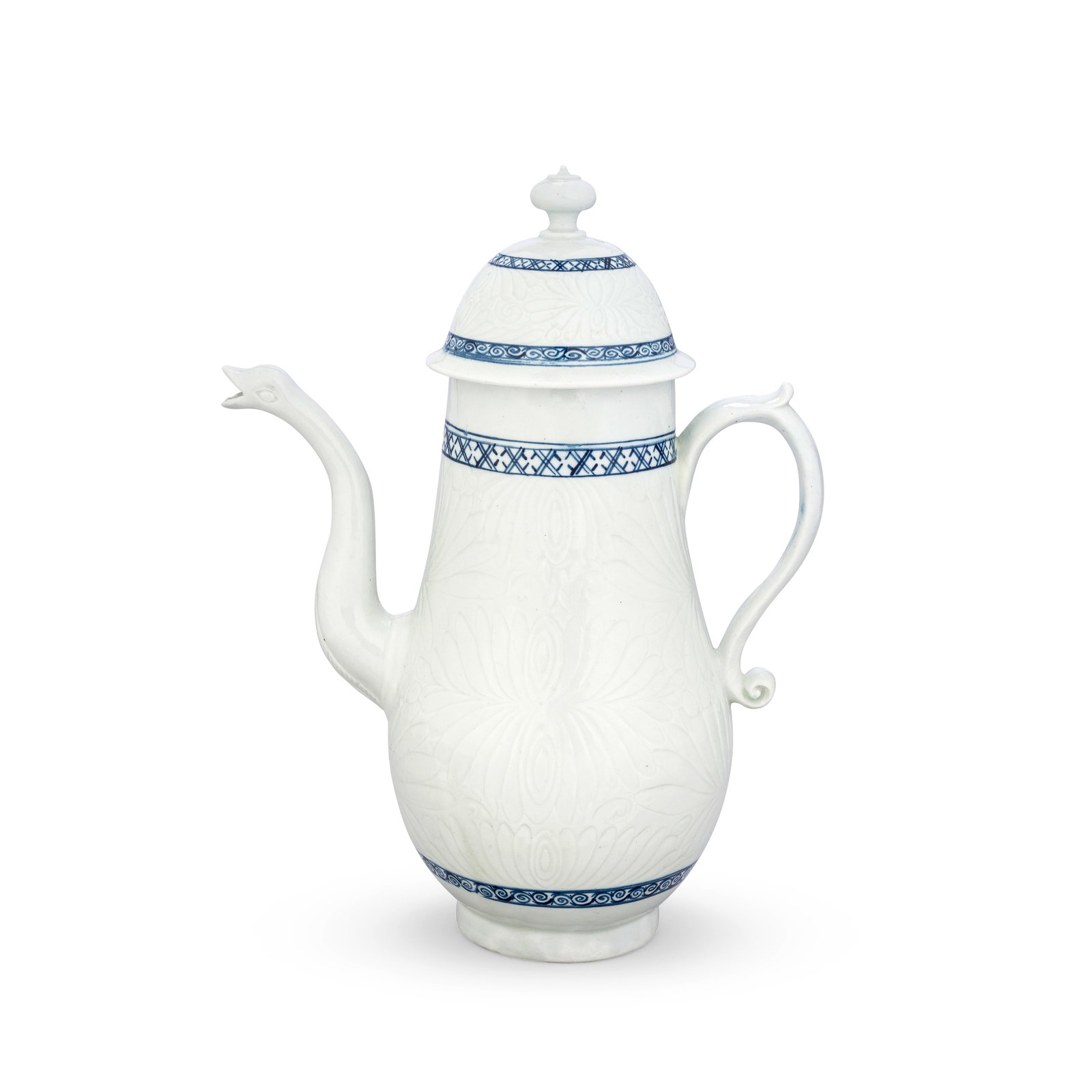 A Liverpool (Richard Chaffers) coffee pot and cover, circa 1760-65: A Liverpool (Richard Chaffers) coffee pot and cover, circa 1760-65 The body lightly press-moulded with a chrysanthemum pattern, the handle with a scrolled lower terminal, the spout moulded as a serpen