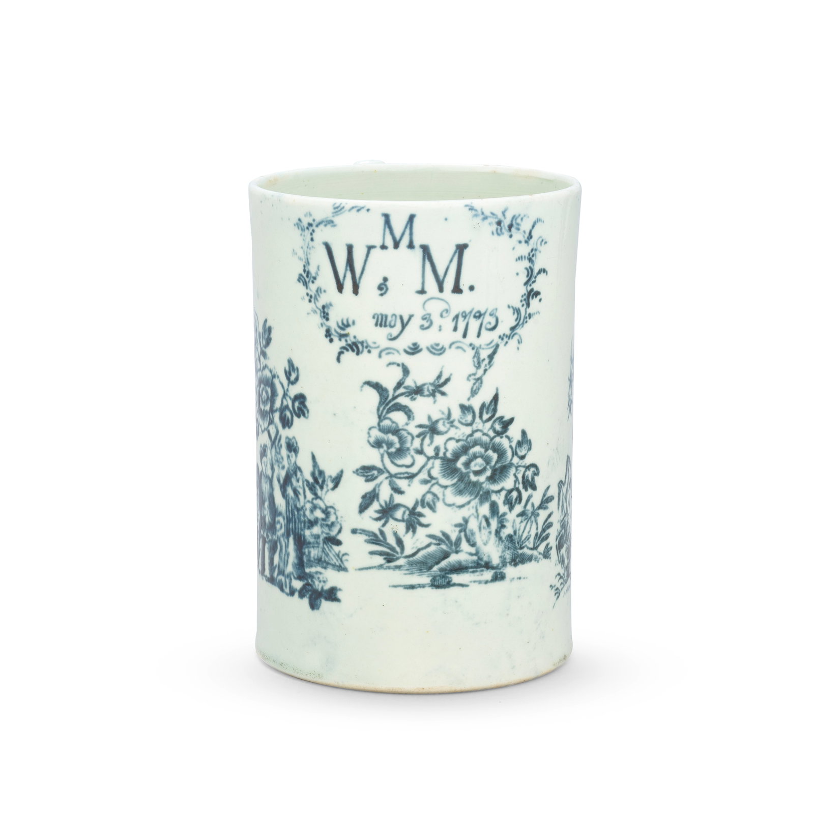 A documentary Liverpool (James Pennington) large mug, dated 1773: A documentary Liverpool (James Pennington) large mug, dated 1773 Of cylindrical form with a scrolled handle, inscribed in blue below the rim 'W M M/ may 3rd, 1773' within a foliate cartouche, printed 