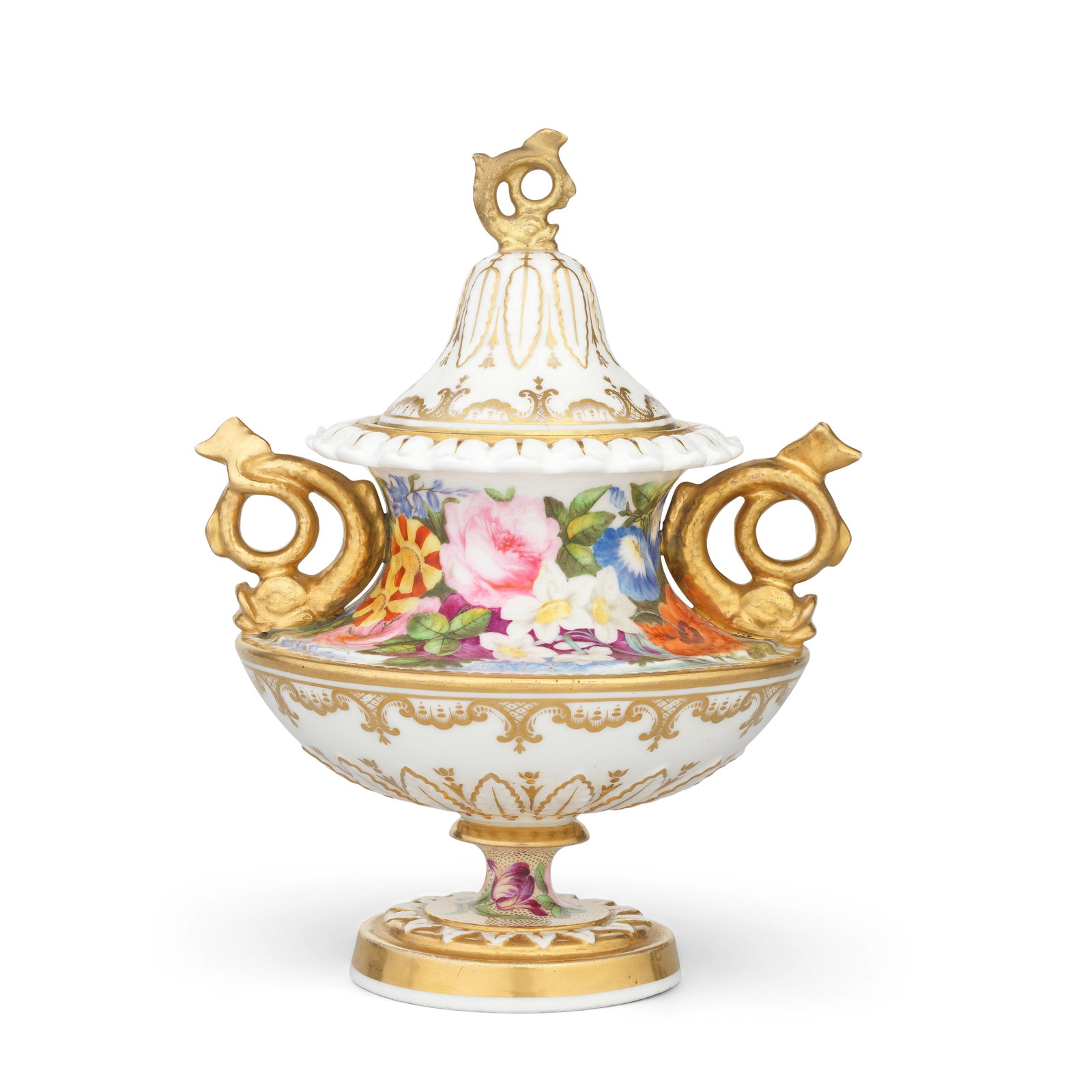 A fine Nantgarw vase and cover, circa 1818-20: A fine Nantgarw vase and cover, circa 1818-20 With twin dolphin handles and borders of leaves applied around the rim, base and the heavy turned foot, the high-domed cover with a dolphin finial, painte