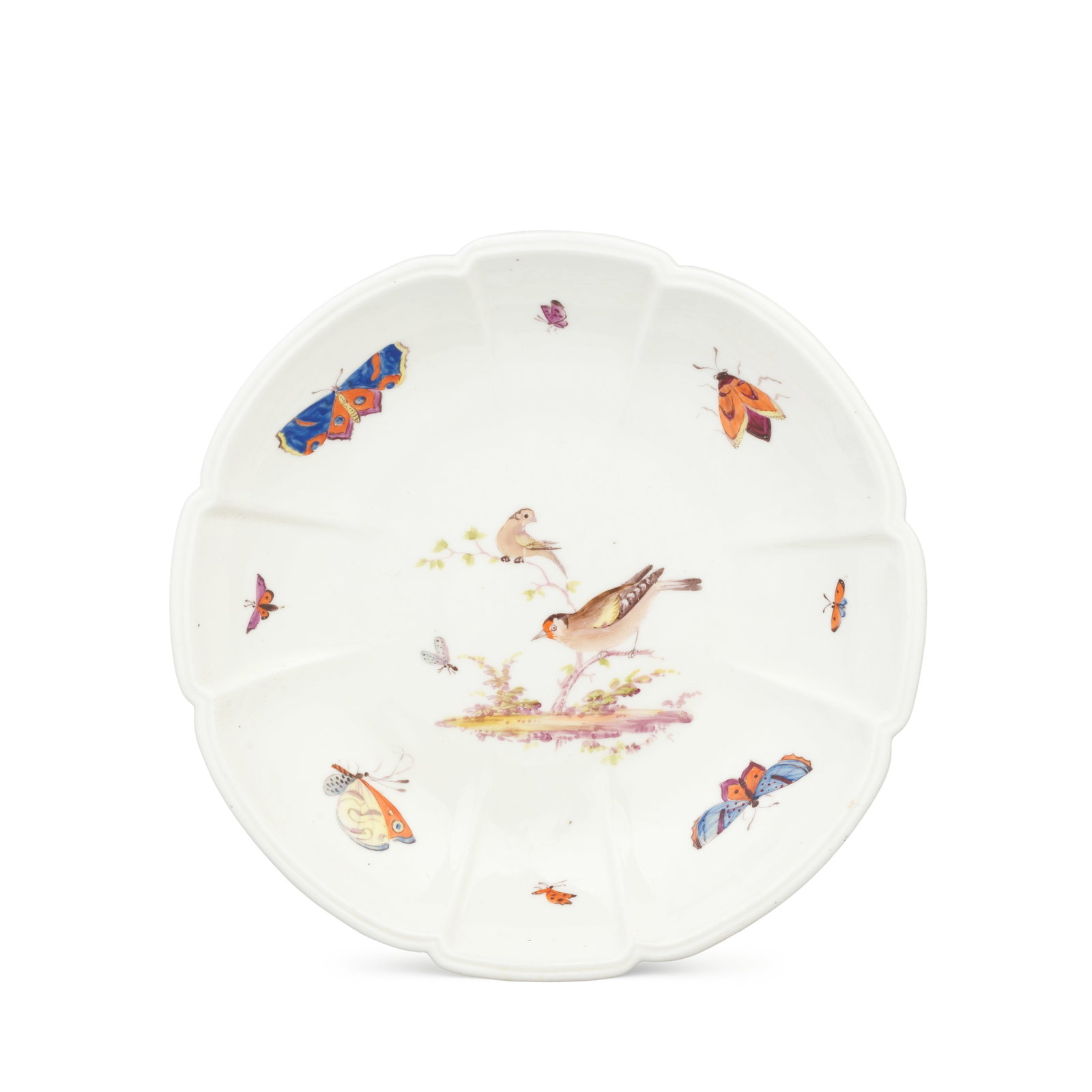 A rare Nantgarw dish by Thomas Pardoe, circa 1820: A rare Nantgarw dish by Thomas Pardoe, circa 1820 Of cruciform shape, the centre painted by Thomas Pardoe with a goldfinch and another bird perched on a wispy branch, an insect in flight to the left, 