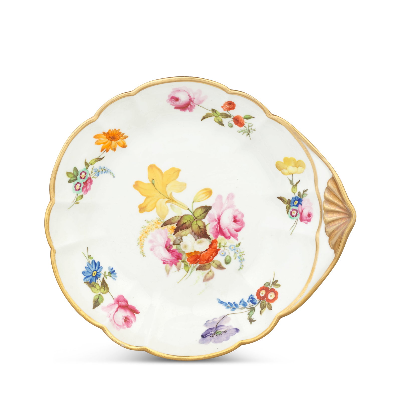A good Swansea shell dish, circa 1815-17: A good Swansea shell dish, circa 1815-17 With a moulded fan-shaped handle picked out in gold, painted, probably by Henry Morris, with a central spray of flowers including a yellow lily, pink roses and