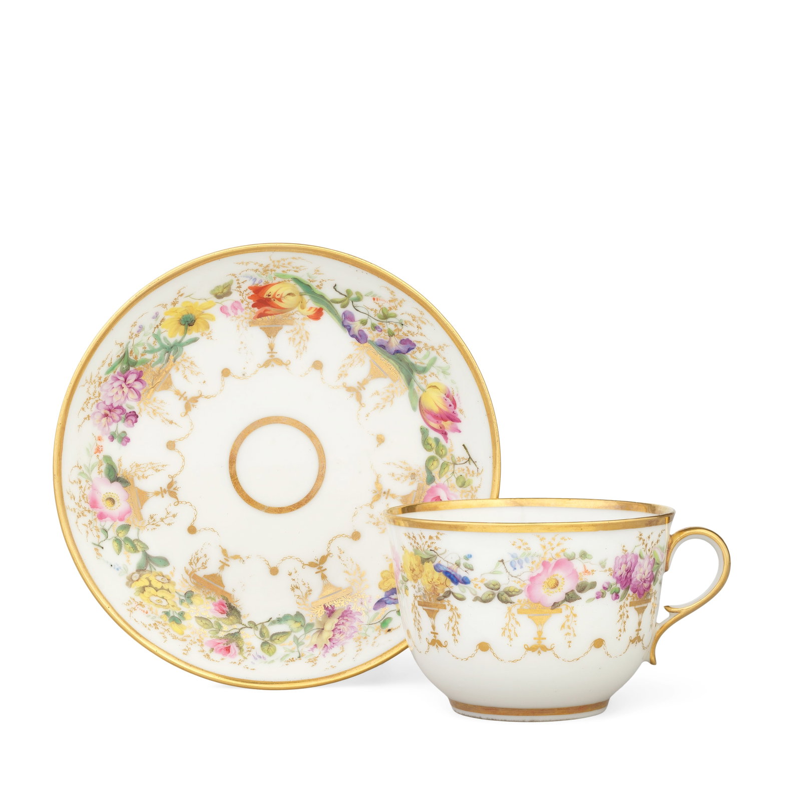 A fine Swansea breakfast cup and saucer, circa 1815-17: A fine Swansea breakfast cup and saucer, circa 1815-17 In 'glassy' paste, the loop handle with a pronounced inner spur, locally painted by David Evans with gilded urns linked by swags of husks, each u