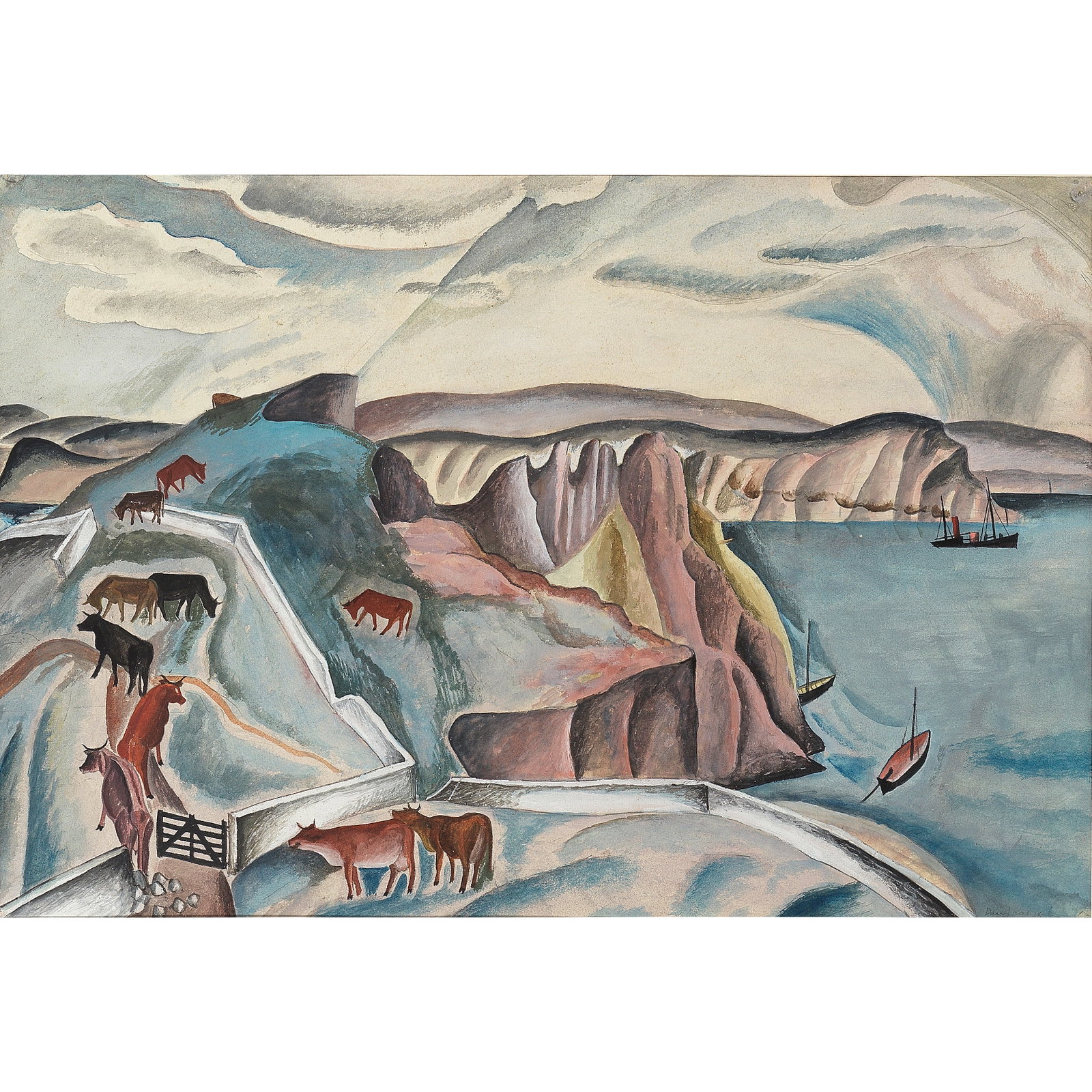 David Jones C.H. C.B.E. (British, 1895-1974) Cattle and the sea 38.8 x 56.6 cm. (15 1/4 x 22 1/4... (1 of 1)