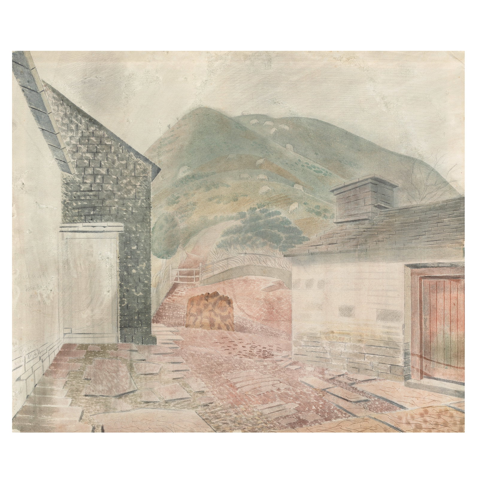 Eric William Ravilious (British, 1903-1942) Pen-y-Maes Farm, Capel-y-Ffin 44.8 x 53.3 cm. (17 5... (1 of 1)