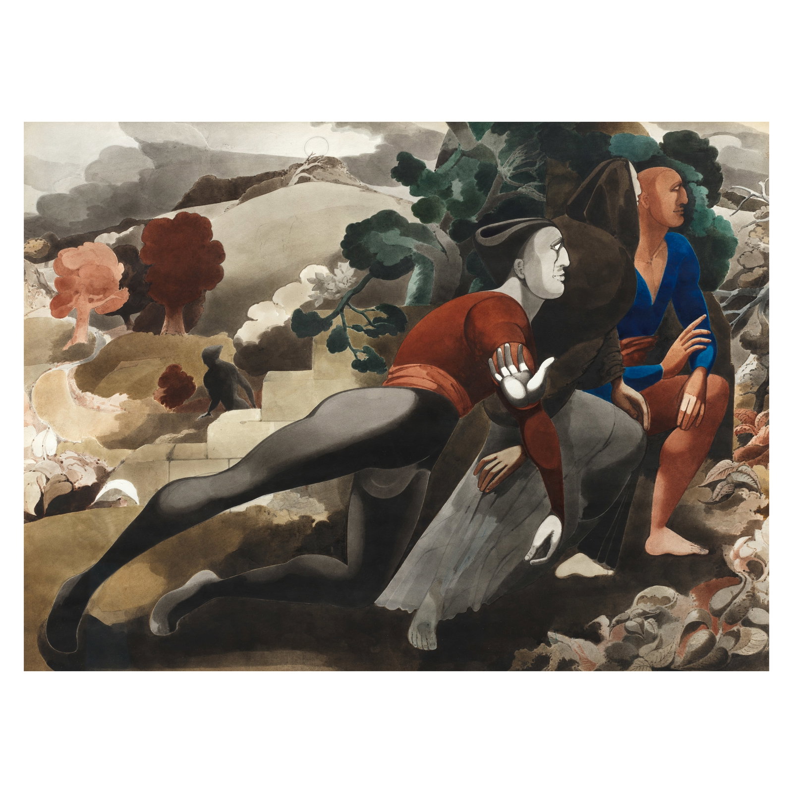 Edward Burra (British, 1905-1976) Figures in a Landscape 56.8 x 76.8 cm. (22 3/8 x 30 1/4 in.) (...: Edward Burra (British, 1905-1976) Figures in a Landscape pencil and watercolour 56.8 x 76.8 cm. (22 3/8 x 30 1/4 in.) Executed circa 1945-6 Footnotes: Provenance With Thos. Agnew & Sons, Londo