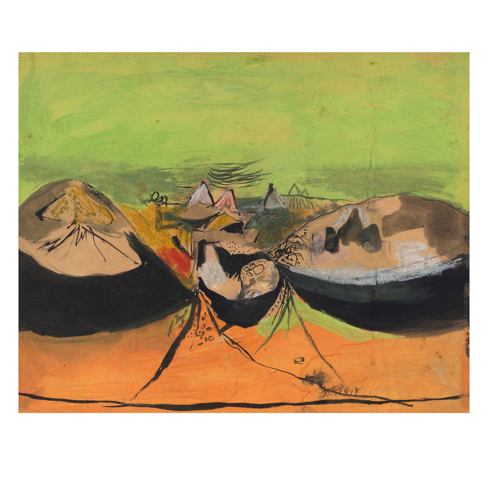 Graham Sutherland O.M. (British, 1903-1980) Green Landscape with Rocks 30.6 x 37.8 cm. (12 x 14 ...: Graham Sutherland O.M. (British, 1903-1980) Green Landscape with Rocks titled and dated 'Green Landscape with Rocks/1944' (verso) gouache, wash, pastel, pen and ink on paper laid on card 30.6 x 37.8 c