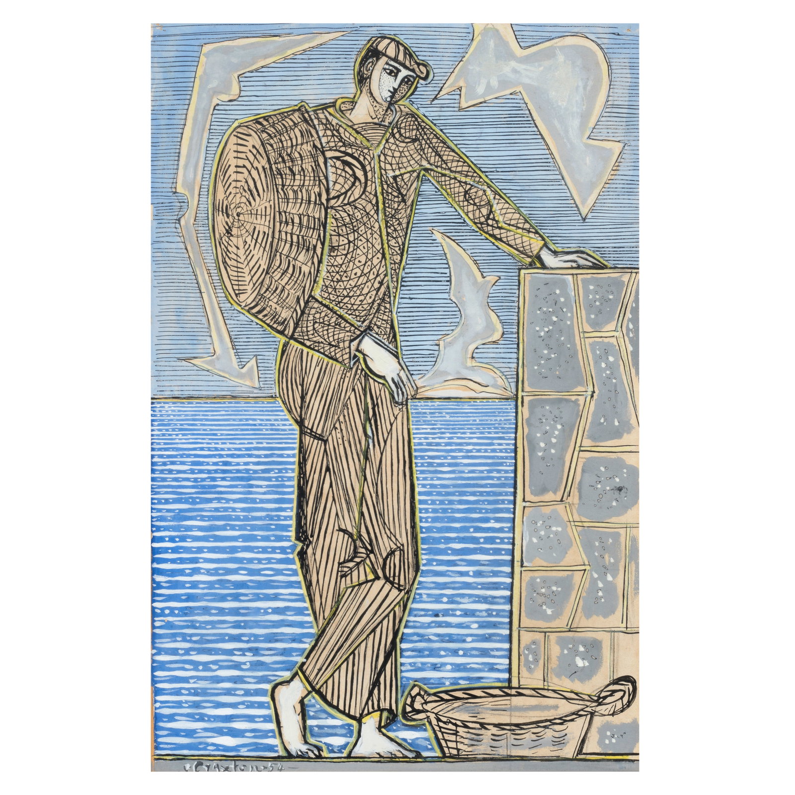 John Craxton R.A. (British, 1922-2009) Standing Figure by a Sea Wall 46.5 x 30 cm. (18 1/4 x 11 ... (1 of 1)