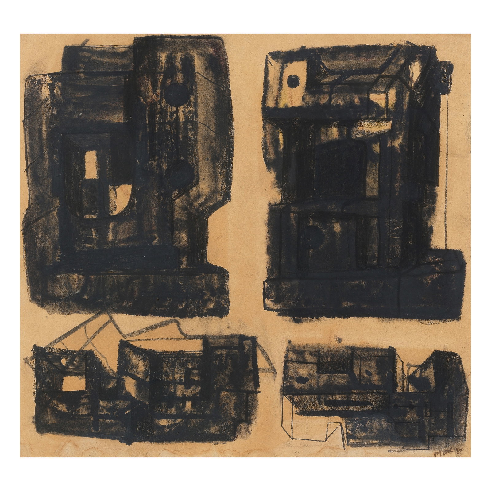 Henry Moore O.M., C.H. (British, 1898-1986) Square Forms 38 x 40.6 cm (14 9/10 x 15 9/10 in): Henry Moore O.M., C.H. (British, 1898-1986) Square Forms signed and dated twice '36/Moore/36.' (lower right) crayon, pastel, wash, pen and ink 38 x 40.6 cm (14 9/10 x 15 9/10 in) Footnotes: Provenance