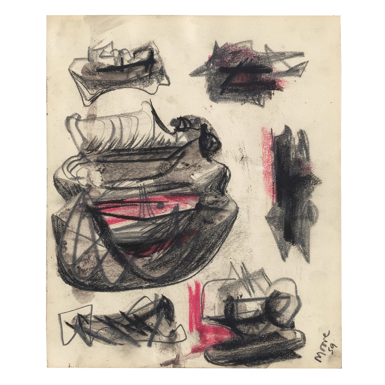 Henry Moore O.M., C.H. (British, 1898-1986) Studies for Sculpture 29 x 23.8 cm (11 2/5 x 9 2/5 in): Henry Moore O.M., C.H. (British, 1898-1986) Studies for Sculpture signed and dated 'Moore/59 (lower right) chalk, coloured crayon and wash 29 x 23.8 cm (11 2/5 x 9 2/5 in) Footnotes: Provenance The Ar