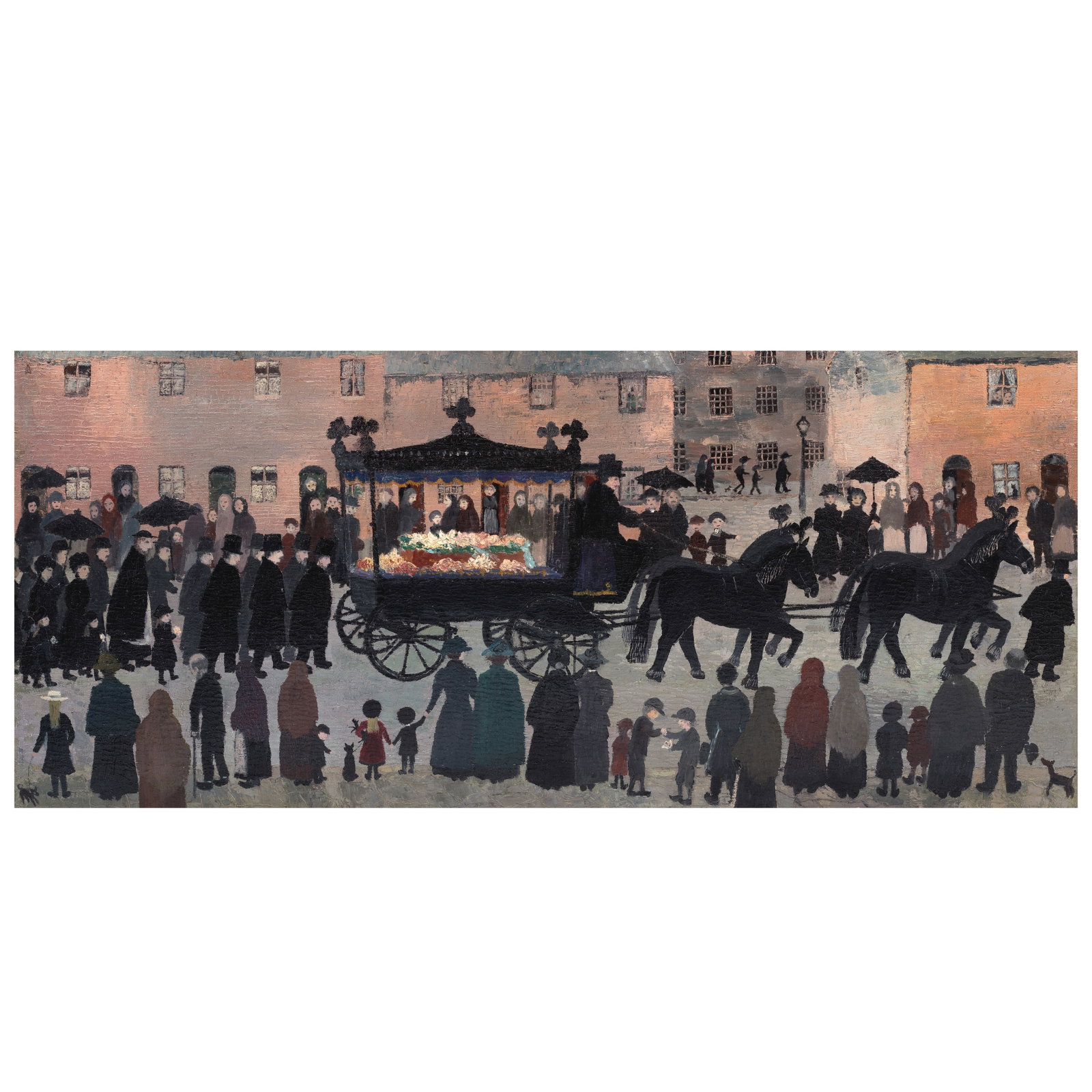 Helen Bradley (British, 1900-1979) The Funeral of a Little Girl was Passing By 47.3 x 106.3 cm. ...: Helen Bradley (British, 1900-1979) The Funeral of a Little Girl was Passing By signed with fly insignia (upper left); titled and dated 'The Funeral of a Little/Girl was passing by./1907.' (on a label 
