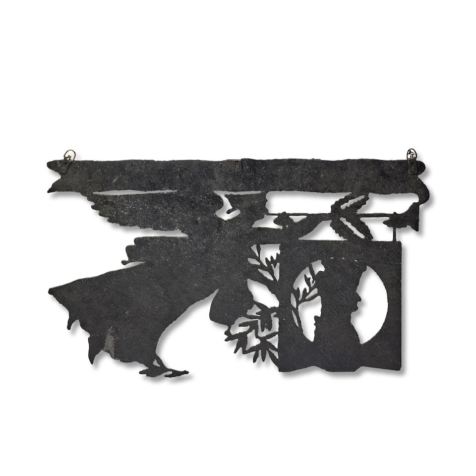 A painted fret cut hanging sign featuring a trumpeting angel - 2