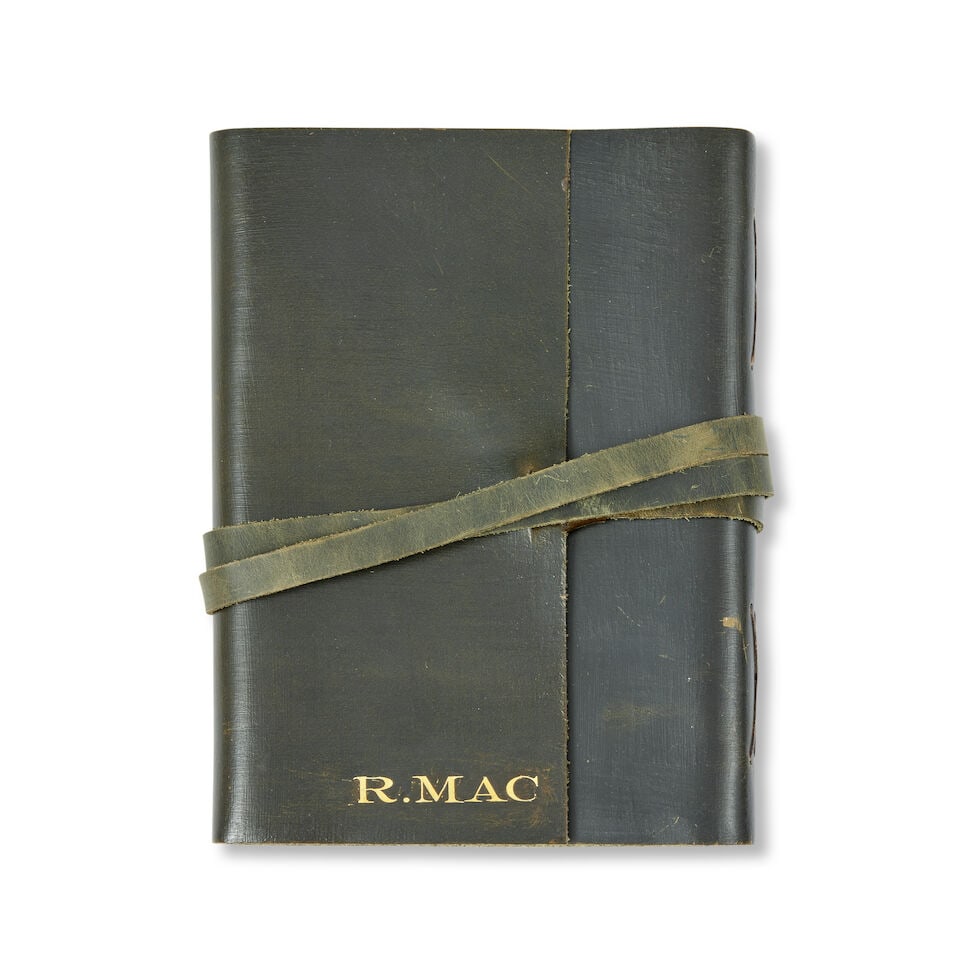 Roger's dark brown leather journal Season 7, Episode 4, 'A Most Uncomfortable Woman': Roger's dark brown leather journal Season 7, Episode 4, 'A Most Uncomfortable Woman' The folding front with gilt 'R.MAC', opening to reveal some pages with printed text relating to lesson plans,