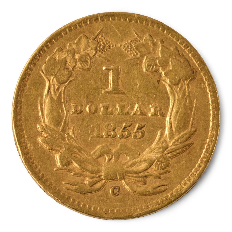 A UNITED STATES 1855-C INDIAN HEAD $1 GOLD COIN. - 2