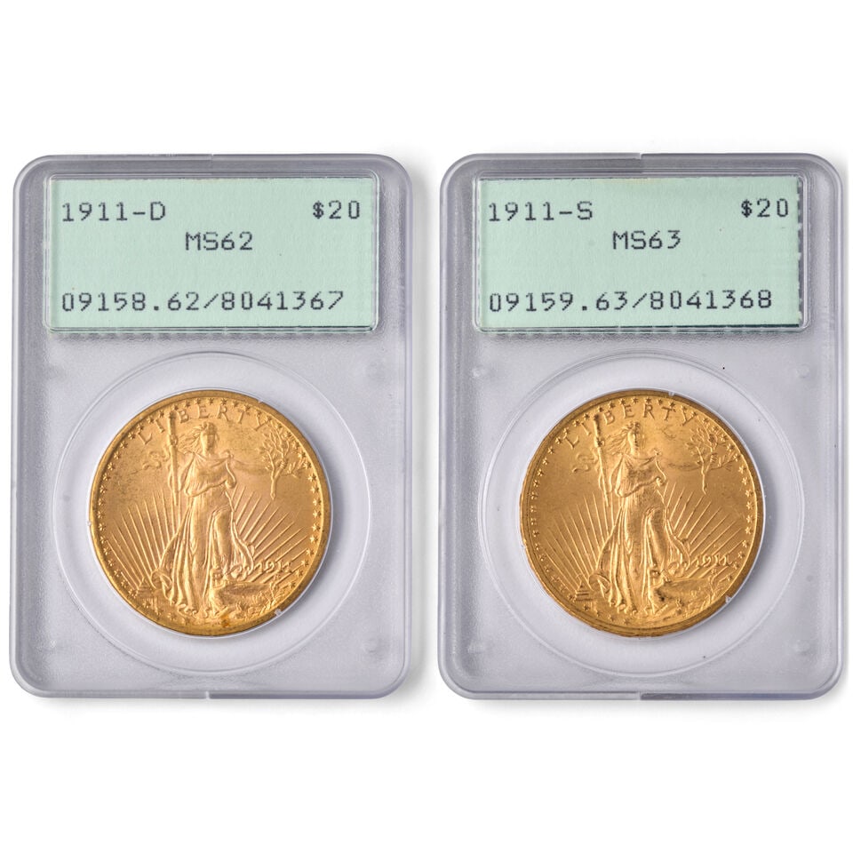 TWO UNITED STATES ST. GAUDENS $20 DOUBLE EAGLE GOLD COINS.: TWO UNITED STATES ST. GAUDENS $20 DOUBLE EAGLE GOLD COINS. Including: 1911-D, graded PCGS MS62. 1911-S, graded PCGS MS63. In old holders. For further information on this lot please visit Bonhams.com F