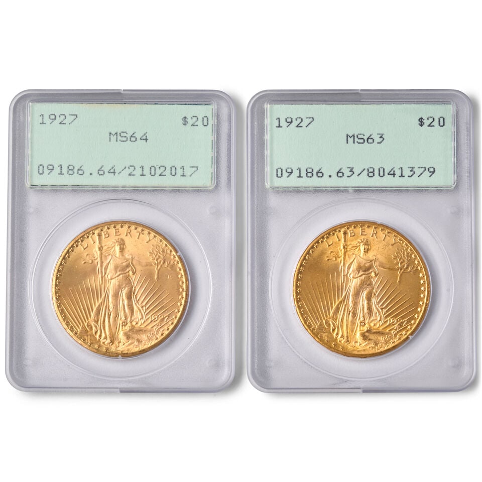 TWO UNITED STATES 1927 ST. GAUDENS $20 DOUBLE EAGLE GOLD COINS.: TWO UNITED STATES 1927 ST. GAUDENS $20 DOUBLE EAGLE GOLD COINS. Including: One graded PCGS MS64, the other PCGS MS63. In old holders. For further information on this lot please visit Bonhams.com For f