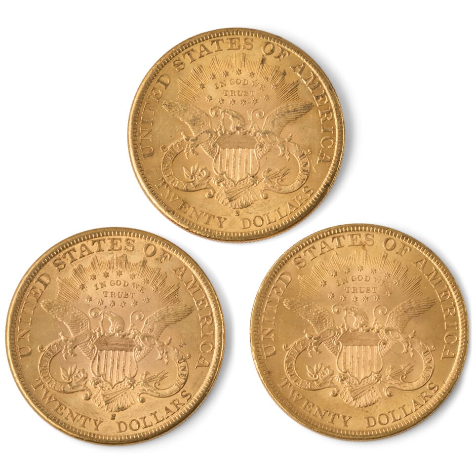 THREE UNITED STATES LIBERTY HEAD $20 DOUBLE EAGLE GOLD COINS. - 2