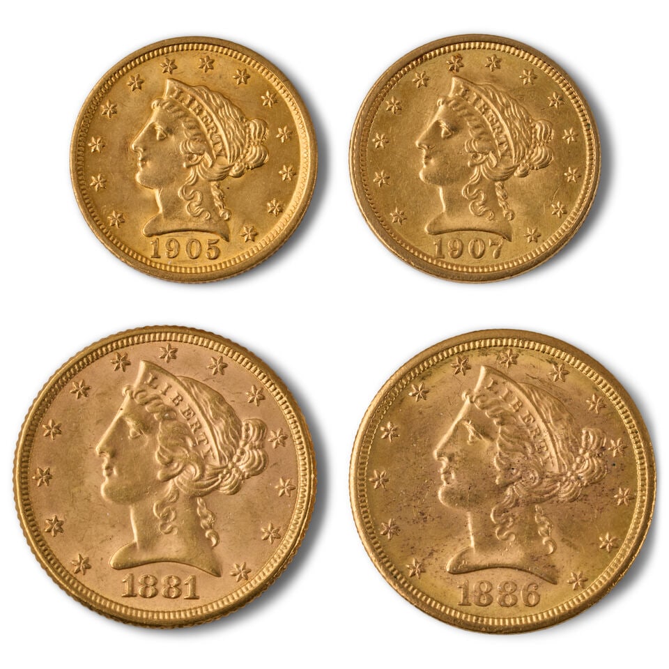 FOUR UNITED STATES LIBERTY HEAD GOLD COINS.: FOUR UNITED STATES LIBERTY HEAD GOLD COINS. Including: $5 Half Eagles, 1881, 1886-S. $2 1/2 Quarter Eagles, 1905, 1907. Ungraded. For further information on this lot please visit Bonhams.com For furth
