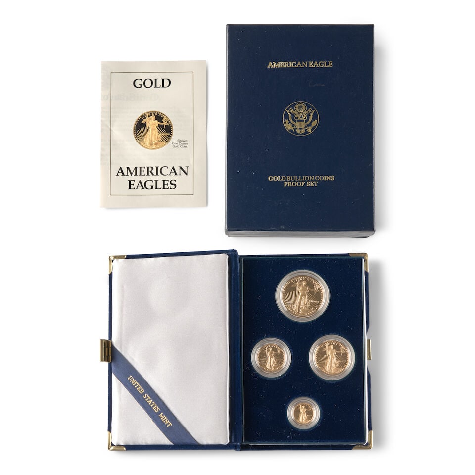 A UNITED STATES 1989 GOLD EAGLE FOUR-COIN PROOF SET.: A UNITED STATES 1989 GOLD EAGLE FOUR-COIN PROOF SET. Including 1 oz, 1/2 oz, 1/4 oz. and 1/10 oz. coins, housed in original presentation case with papers. Ungraded. For further information on this lot