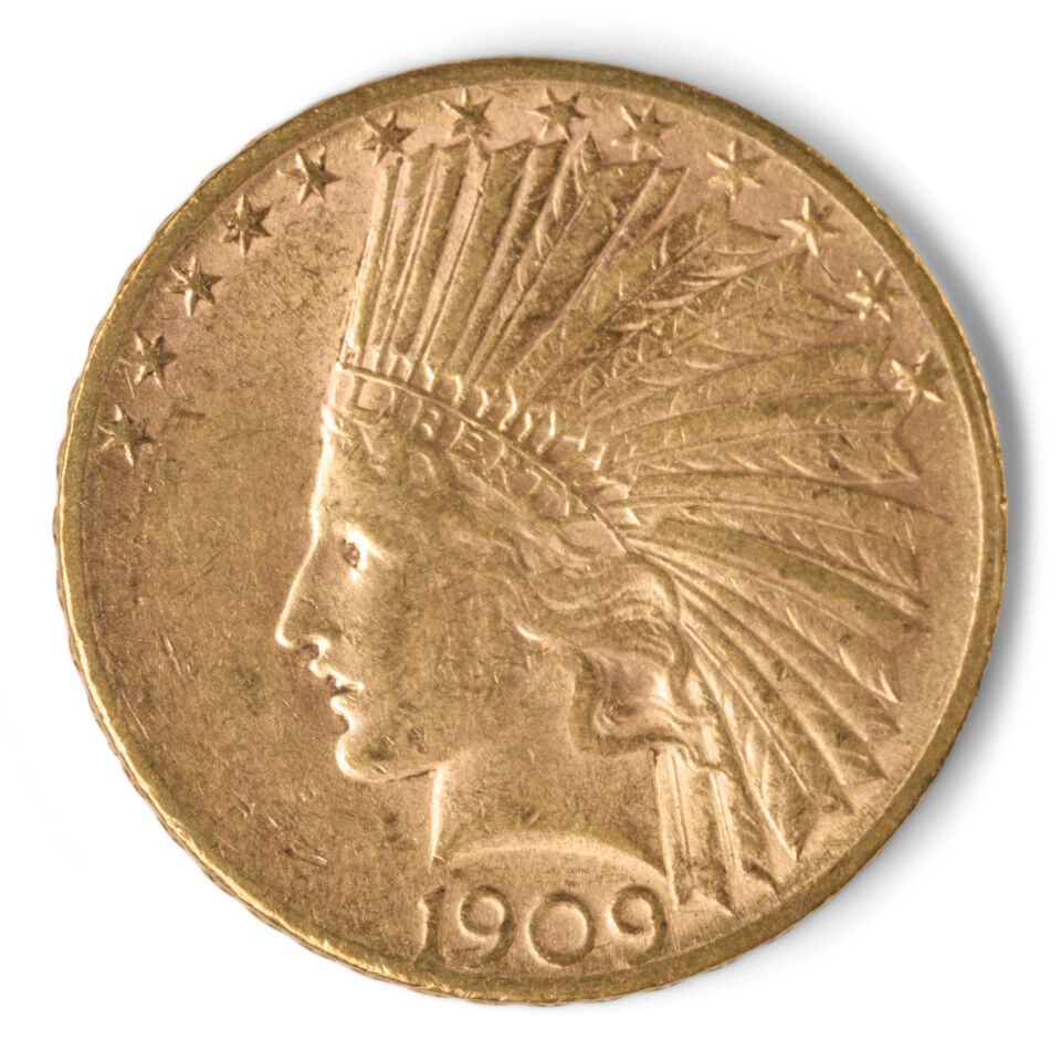 A UNITED STATES 1909-S INDIAN HEAD $10 EAGLE GOLD COIN.: A UNITED STATES 1909-S INDIAN HEAD $10 EAGLE GOLD COIN. Ungraded, approx. XF. For further information on this lot please visit Bonhams.com For further information about this lot please