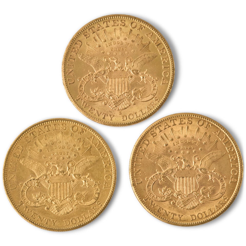 THREE UNITED STATES LIBERTY HEAD $20 DOUBLE EAGLE GOLD COINS. - 2