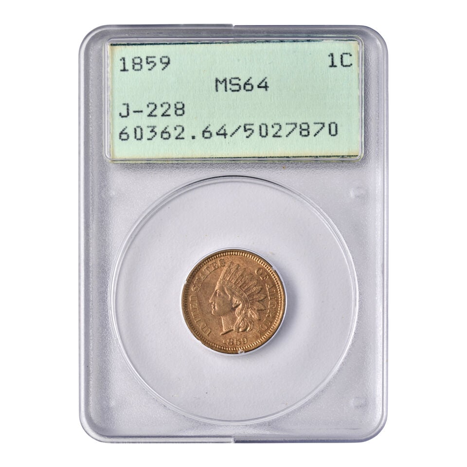 A UNITED STATES 1859 INDIAN HEAD PATTERN CENT, JUDD-228, PCGS MS64.: A UNITED STATES 1859 INDIAN HEAD PATTERN CENT, JUDD-228, PCGS MS64. The 1859 obverse paired with the reverse of 1860. In an old holder. Graded PCGS, MS64. For further information on this lot please vi