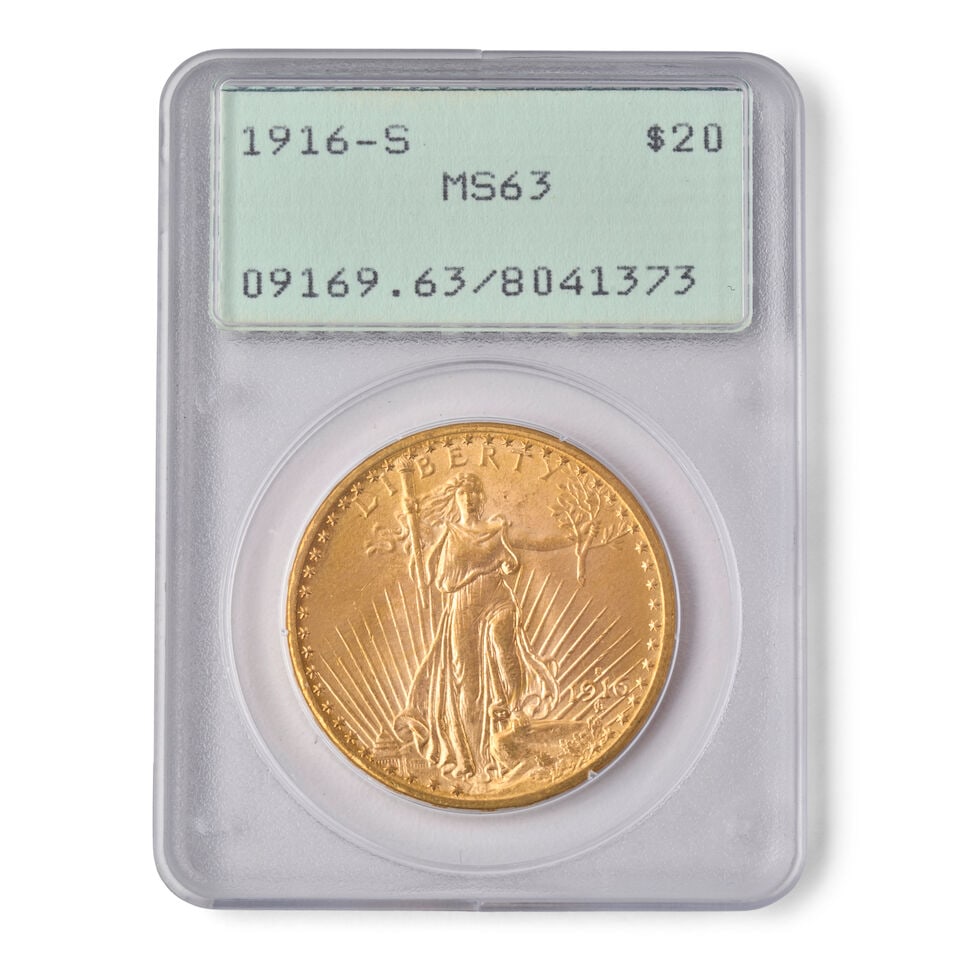 A UNITED STATES 1916-S ST. GAUDENS $20 DOUBLE EAGLE GOLD COIN, PCGS MS63.: A UNITED STATES 1916-S ST. GAUDENS $20 DOUBLE EAGLE GOLD COIN, PCGS MS63. In an old holder. Graded PCGS, MS63. For further information on this lot please visit Bonhams.com For further information abou