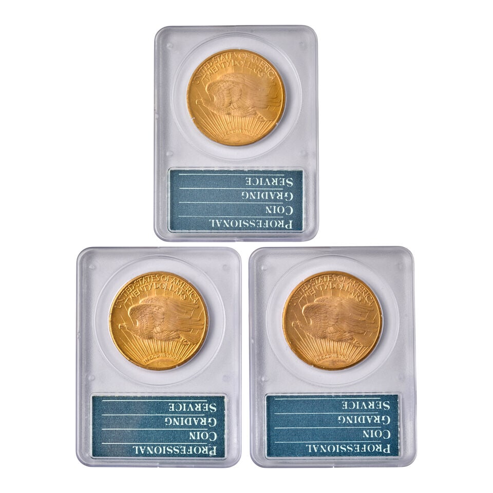 THREE UNITED STATES ST. GAUDENS $20 DOUBLE EAGLE GOLD COINS. - 2