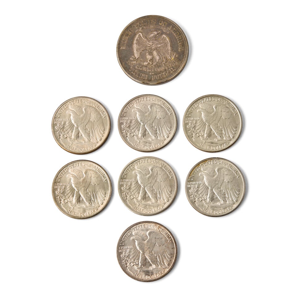 A UNITED STATES TRADE DOLLAR, SEVEN WALKING LIBERTY HALF DOLLARS AND TWO PROOF SETS. - 2
