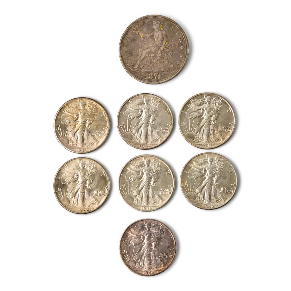 A UNITED STATES TRADE DOLLAR, SEVEN WALKING LIBERTY HALF DOLLARS AND TWO PROOF SETS. - 3