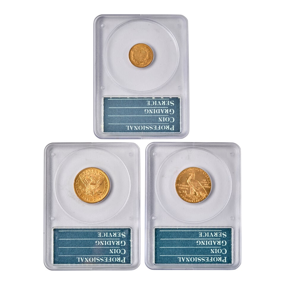 TWO UNITED STATES $5 HALF EAGLE GOLD COINS, AND A UNITED STATES 1874 INDIAN HEAD $1 GOLD COIN. - 2