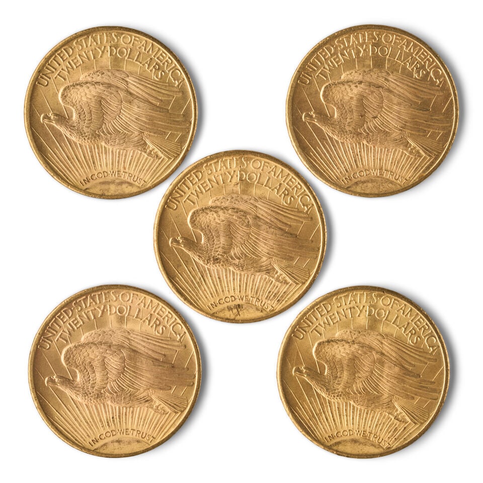 FIVE UNITED STATES 1924 ST. GAUDENS $20 DOUBLE EAGLE GOLD COINS. - 2