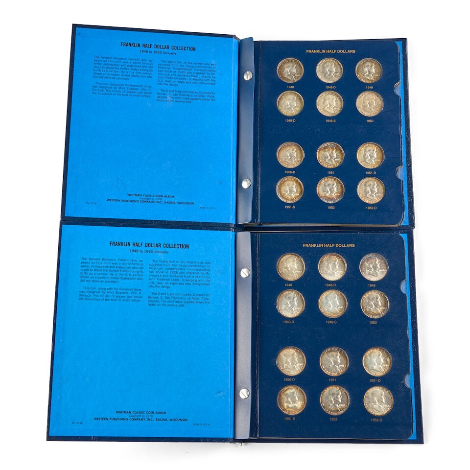 TWO COMPLETE SETS OF UNITED STATES FRANKLIN HALF DOLLARS.: TWO COMPLETE SETS OF UNITED STATES FRANKLIN HALF DOLLARS. Housed in two Whitman Classic Coin Albums, several with edge toning (total 70 coins). Ungraded, most XF-UNC. For further information on this l