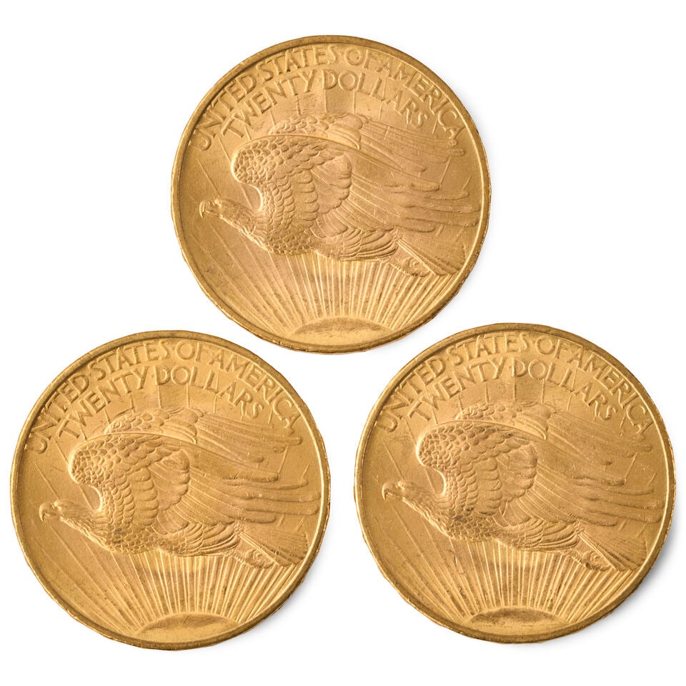 THREE UNITED STATES 1908 NO MOTTO ST. GAUDENS $20 DOUBLE EAGLE GOLD COINS. - 2