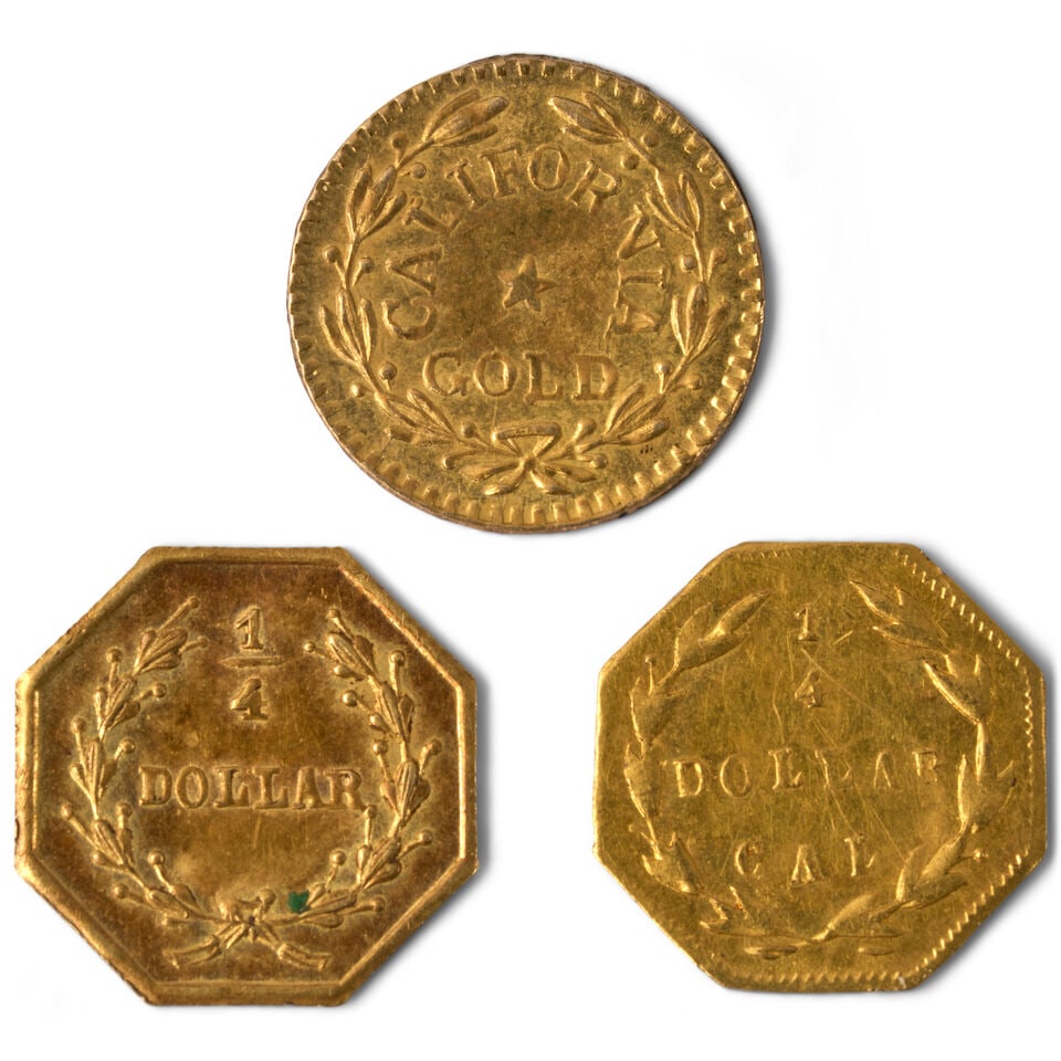 THREE CALIFORNIA FRACTIONAL GOLD COINS/TOKENS. - 2