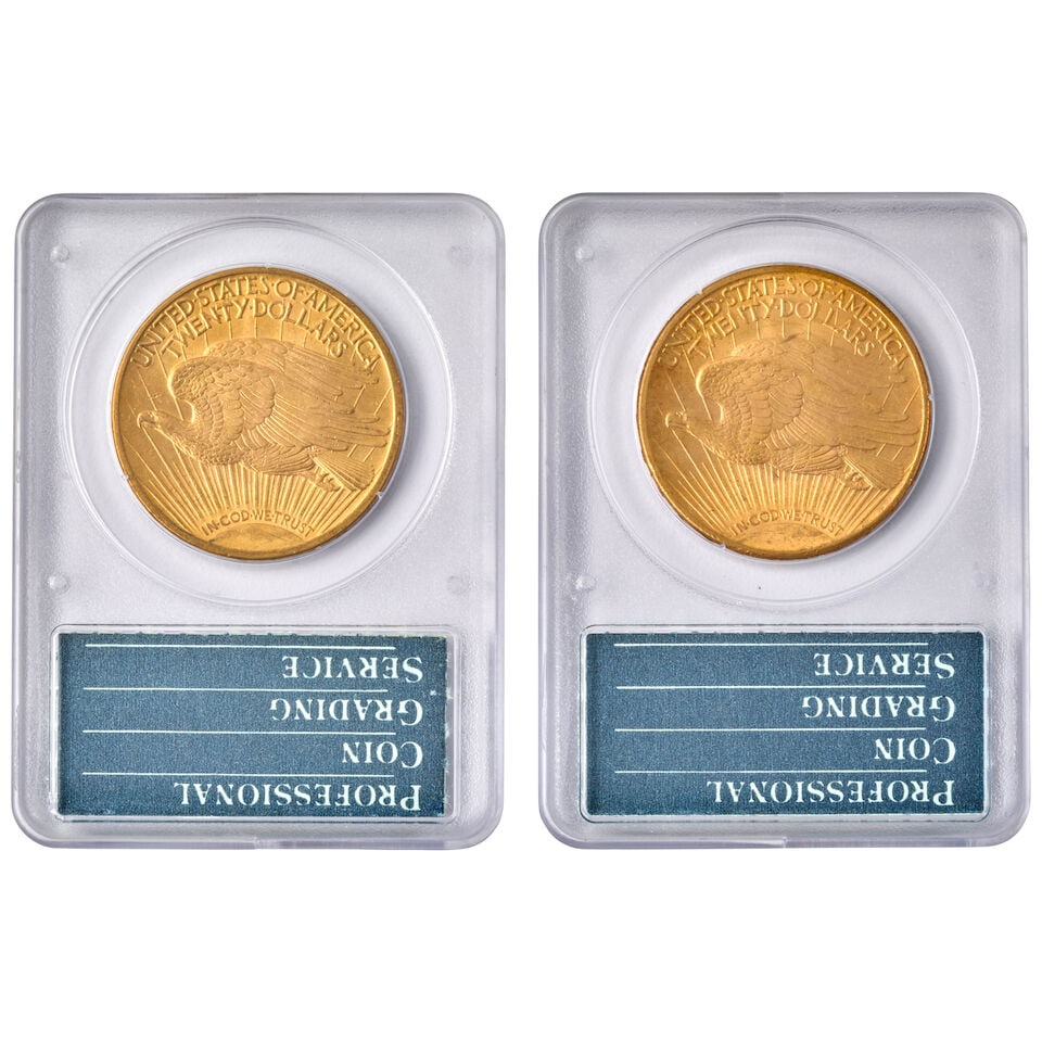 TWO UNITED STATES ST. GAUDENS $20 DOUBLE EAGLE GOLD COINS, PCGS MS62. - 2