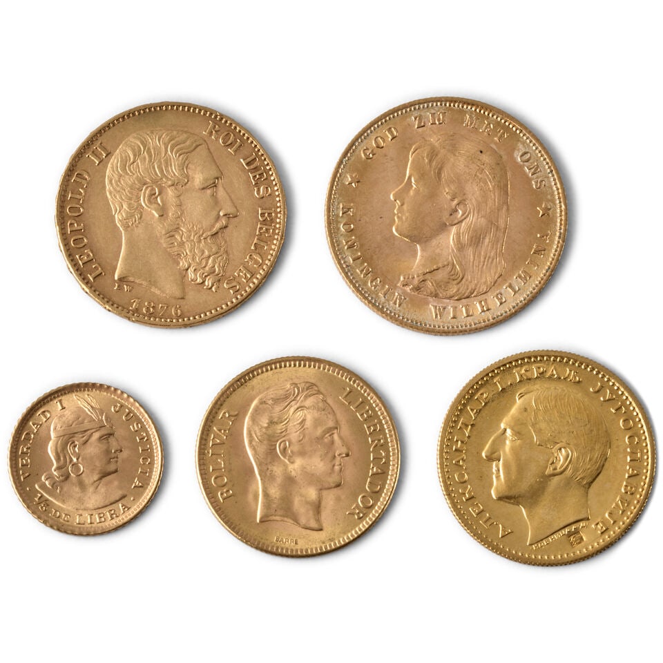 FIVE FOREIGN GOLD COINS. (1 of 2)